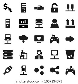Flat vector icon set - trash bin vector, student, laptop graph, dollar cursor, heart monitor, support, top sign, gamepad, hdmi, server, notebook network, big data, lan connector, share, arrow, user