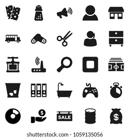 Flat vector icon set - trash bin vector, cook timer, press, hand mill, school bus, archive, magnifier, pie graph, investment, binder, stadium, breads, office, support, oil barrel, loudspeaker, pills