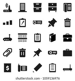 Flat vector icon set - trash bin vector, pencil, case, paper pin, archive, exam, binder, clipboard, phone, receipt, sorting, thumbtack, router, attachment, building, projector