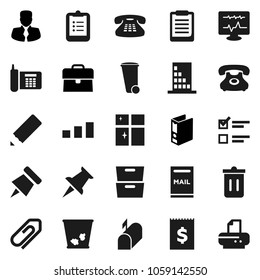 Flat vector icon set - trash bin vector, shining window, pencil, clipboard, paper pin, archive, exam, manager, case, binder, phone, receipt, sorting, classic, thumbtack, diagnostic monitor, mailbox