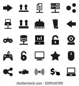Flat vector icon set - trash bin vector, laptop graph, dollar cursor, top sign, favorites, notebook network, server, lan connector, share, arrow, document, unlock, wireless, monitor, web camera, pc