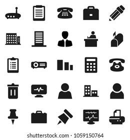 Flat vector icon set - trash bin vector, pencil, student, case, clipboard, paper pin, manager, sorting, classic phone, thumbtack, diagnostic monitor, router, user, apartments, building, mailbox