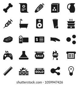 Flat vector icon set - trash bin vector, bath, cook glove, bbq, jug, cereal, steak, ruler, certificate, receipt, bone, gamepad, remote control, speaker, syringe, firewall, share, sale signboard