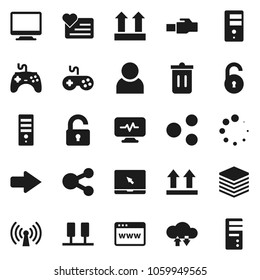 Flat vector icon set - trash bin vector, heart monitor, top sign, gamepad, notebook pc, diagnostic, server, cloud exchange, big data, browser, lan connector, share, arrow, loading, unlock, user