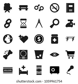Flat vector icon set - trash bin vector, welcome mat, pasta, copybook, drawing compass, dollar coin, cart, safe, horizontal bar, no smoking, earth, video camera, heart cross, eye, gender sign, bench