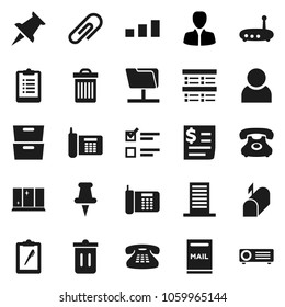 Flat vector icon set - trash bin vector, shining window, archive, exam, manager, clipboard, phone, receipt, sorting, classic, thumbtack, network folder, router, attachment, user, mailbox, building