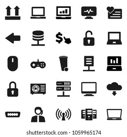 Flat vector icon set - trash bin vector, notebook pc, laptop graph, dollar cursor, heart monitor, support, top sign, hdmi, diagnostic, network server, arrow, cloud download, document, ari condition