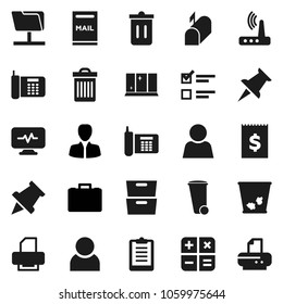 Flat vector icon set - trash bin vector, shining window, paper pin, archive, exam, manager, case, clipboard, phone, receipt, thumbtack, diagnostic monitor, network folder, router, user, mailbox