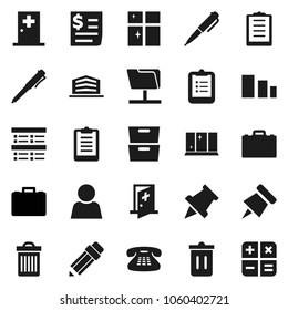 Flat vector icon set - trash bin vector, shining window, pencil, case, pen, clipboard, paper pin, archive, exam, receipt, sorting, classic phone, medical room, network folder, user, office building