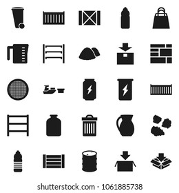 Flat vector icon set - trash bin vector, garbage pile, measuring cup, jug, sieve, jar, enegry drink, water bottle, sea container, port, wood box, consolidated cargo, package, oil barrel, shelving
