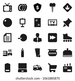 Flat vector icon set - trash bin vector, window cleaning, plates, paper pin, presentation, document, dollar shield, punching bag, fitball, roller Skates, client, flammable, tv, notebook pc, battery