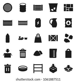 Flat vector icon set - trash bin vector, garbage pile, measuring cup, jug, sieve, enegry drink, water bottle, sea container, port, wood box, consolidated cargo, package, oil barrel, shelving