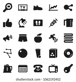 Flat vector icon set - trash bin vector, welcome mat, kettle, measuring cup, towel, cereal, table lamp, graph, diet, fitball, snickers, shorts, calendar, phone, cargo search, disk, satellitie, tv