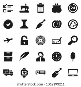 Flat vector icon set - trash bin vector, car fetlock, plates, cereal, pen, archive, exam, check, heart monitor, plane, support, clock, protected, disk, internet, jack, magnifier, unlock, wallet