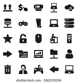 Flat vector icon set - trash bin vector, student, notebook pc, laptop graph, dollar cursor, heart monitor, support, top sign, favorites, network, folder, server, cloud lock, big data, arrow, unlock