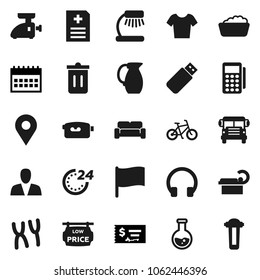 Flat vector icon set - trash bin vector, foam basin, jug, table lamp, school bus, flag, flask, check, calendar, bike, t shirt, video camera, headphones, chromosomes, anamnesis, tomography, pin, usb