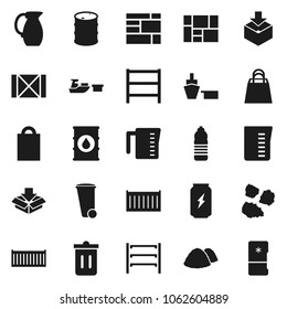 Flat vector icon set - trash bin vector, garbage pile, measuring cup, jug, enegry drink, water bottle, sea container, port, wood box, consolidated cargo, package, oil barrel, shelving, shopping bag