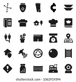 Flat vector icon set - trash bin vector, washboard, scales, cook hat, cookbook, plates, constellation, cent sign, fitball, shorts, navigator, sea container, satellitie, internet, rca, pills bottle