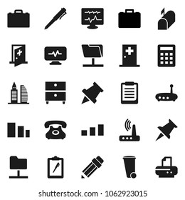 Flat vector icon set - trash bin vector, pencil, case, pen, clipboard, paper pin, archive, phone, sorting, thumbtack, diagnostic monitor, medical room, network folder, router, office building