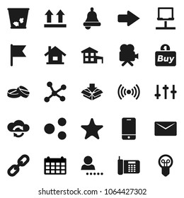 Flat vector icon set - trash bin vector, bell, flag, calendar, top sign, settings, video camera, mobile phone, favorites, pills, network, notebook, cloud exchange, share, arrow, mail, chain, login