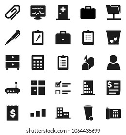 Flat vector icon set - trash bin vector, shining window, case, pen, clipboard, archive, exam, receipt, sorting, diagnostic monitor, medical room, network folder, router, attachment, user, apartments