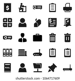 Flat vector icon set - trash bin vector, student, paper pin, manager, case, binder, clipboard, receipt, medical room, network folder, router, user, mailbox, apartments, calculator, projector