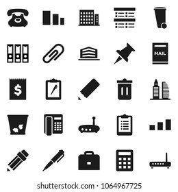 Flat vector icon set - trash bin vector, pencil, case, pen, exam, binder, clipboard, phone, receipt, sorting, thumbtack, router, attachment, mailbox, apartments, office building, calculator
