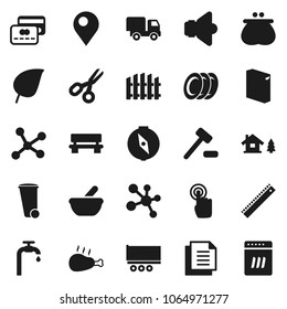 Flat vector icon set - trash bin vector, washing powder, plates, chicken leg, ruler, compass, scissors, leaf, molecule, truck trailer, document, speaker, touchscreen, mortar, network, bench, pin