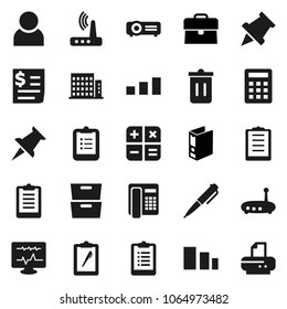 Flat vector icon set - trash bin vector, pen, clipboard, paper pin, archive, case, binder, receipt, sorting, thumbtack, diagnostic monitor, router, user, apartments, calculator, phone, projector