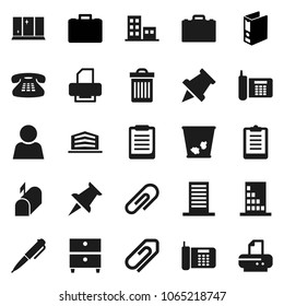 Flat vector icon set - trash bin vector, shining window, case, pen, clipboard, paper pin, archive, binder, phone, classic, thumbtack, attachment, user, apartments, office building, mailbox, printer