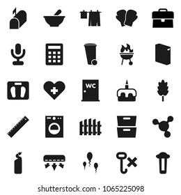 Flat vector icon set - trash bin vector, drying clothes, washing powder, cleaning agent, water closet, bbq, cereal, cake, ruler, archive, molecule, case, scales, boxing glove, no hook, microphone