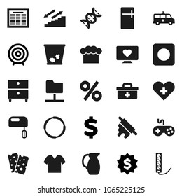 Flat vector icon set - trash bin vector, cook hat, rolling pin, jug, schedule, archive, target, dollar medal, sign, stairways run, breads, heart monitor, hoop, gamepad, rec button, doctor bag, cross