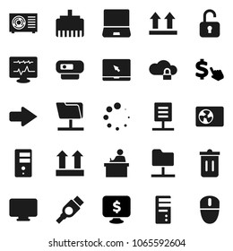 Flat vector icon set - trash bin vector, student, monitor dollar, cursor, top sign, notebook pc, hdmi, diagnostic, network folder, cloud lock, server, lan connector, arrow, loading, document, unlock