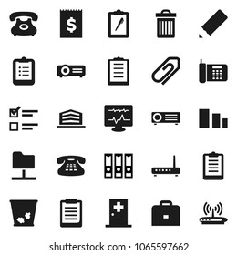 Flat vector icon set - trash bin vector, pencil, case, clipboard, exam, binder, phone, receipt, sorting, classic, diagnostic monitor, medical room, network folder, attachment, office building