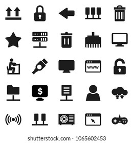 Flat vector icon set - trash bin vector, student, monitor dollar, top sign, favorites, hdmi, server, network folder, cloud exchange, browser, lan connector, arrow, document, user, unlock, wireless