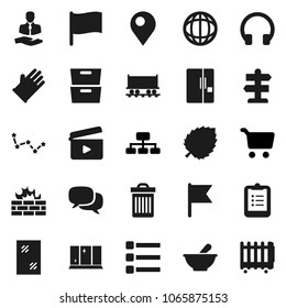 Flat vector icon set - trash bin vector, window cleaning, rubber glove, shining, clipboard, world, archive, flag, leaf, constellation, cart, hierarchy, signpost, Railway carriage, client, dialog