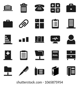 Flat vector icon set - trash bin vector, shining window, case, pen, clipboard, archive, binder, phone, sorting, classic, diagnostic monitor, medical room, network folder, attachment, user, mailbox