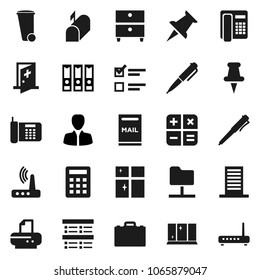 Flat vector icon set - trash bin vector, shining window, case, pen, archive, exam, manager, binder, thumbtack, medical room, network folder, router, mailbox, building, calculator, phone, printer