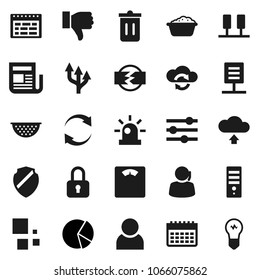 Flat vector icon set - trash bin vector, foam basin, colander, schedule, pie graph, scales, calendar, support, newspaper, finger down, server, cloud exchange, equalizer, shield, refresh, upload