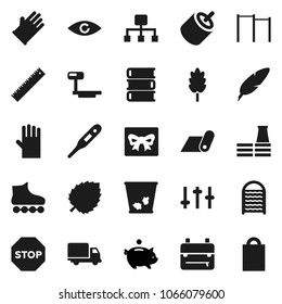 Flat vector icon set - trash bin vector, rubber glove, washboard, cereal, book, pen, ruler, backpack, leaf, piggy bank, horizontal bar, roller Skates, fitness mat, delivery, big scales, settings