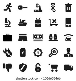 Flat vector icon set - trash bin vector, spices, backpack, microscope, case, shorts, medal, enegry drink, run, money, ship, no trolley, hook, music hit, mobile phone, finger down, doctor, shield