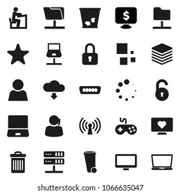Flat vector icon set - trash bin vector, student, monitor dollar, heart, support, gamepad, notebook pc, favorites, hdmi, network, folder, server, big data, cloud download, loading, unlock, user