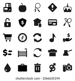 Flat vector icon set - trash bin vector, water drop, cook hat, turk coffee, cake, compass, music, exchange, cart, credit card, case, investment, dollar shield, diet, jump rope, gender sign, refresh
