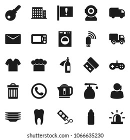 Flat vector icon set - trash bin vector, liquid soap, plates, cook hat, water bottle, attention, support, potion, tooth, usb modem, mail, apartments, phone, delivery, clothes, password, washer
