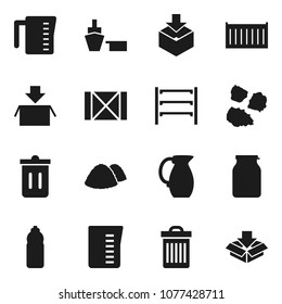 Flat vector icon set - trash bin vector, garbage pile, measuring cup, jug, jar, water bottle, sea container, port, wood box, package, shelving
