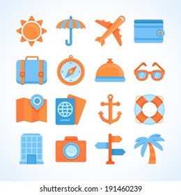 Flat vector icon set of travel symbols, traveling and vacation design elements and signs
