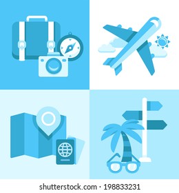 Flat vector icon set of travel symbols,traveling and vacation design elements elements and signs