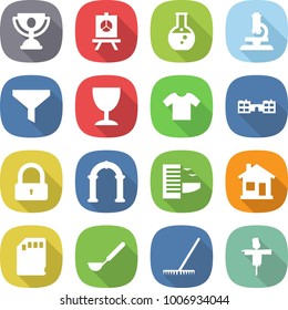 flat vector icon set - trophy vector, presentation, round flask, microscope, funnel, wineglass, t shirt, school, lock, arch, hotel, home, sd card, ladle, rake, scarecrow