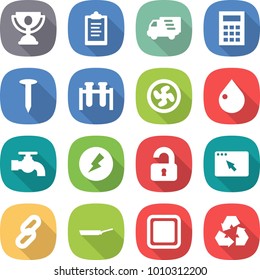 flat vector icon set - trophy vector, clipboard, delivery, calculator, nail, test vial, cooler fan, drop, water tap, electricity, unlocked, browser window, link, pan, cutting board, recycling