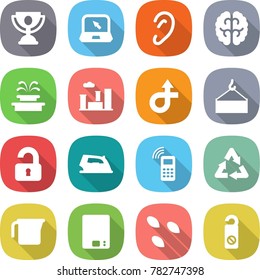 flat vector icon set - trophy vector, notebook, ear, brain, fountain, city, trip, loading crane, unlocked, iron, mobile phone, recycle, measuring cup, kitchen scales, seeds, do not distrub
